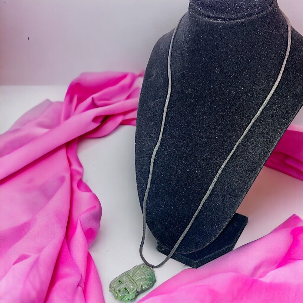 Vintage Large Green Tribal Face Stone Runway Statement 13.75 Inch Necklace!